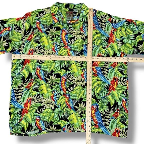 Pineapple Connection Tropical Parrots Hawaiian Camp Shirt Black Green Large - Picture 9 of 10